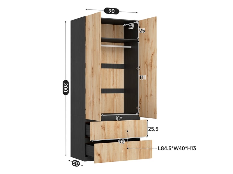  Armoire chambre 90x50x200 cm, penderie dressing pour entrée et chambre, avec 2 portes et 2 tiroirs, en mdf, chêne  - Conforama E