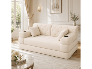 Canapé 2 places, transformable en lit, avec porte-gobelets, structure robuste, en velours côtelé, coloris beige, l168 x p80 x h81 cm