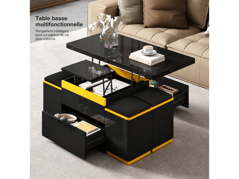 Table basse relevable avec plateau dépliable et 4 tabourets de rangement, noire et jaune, 100 x 50 x 43 cm  - Conforama B