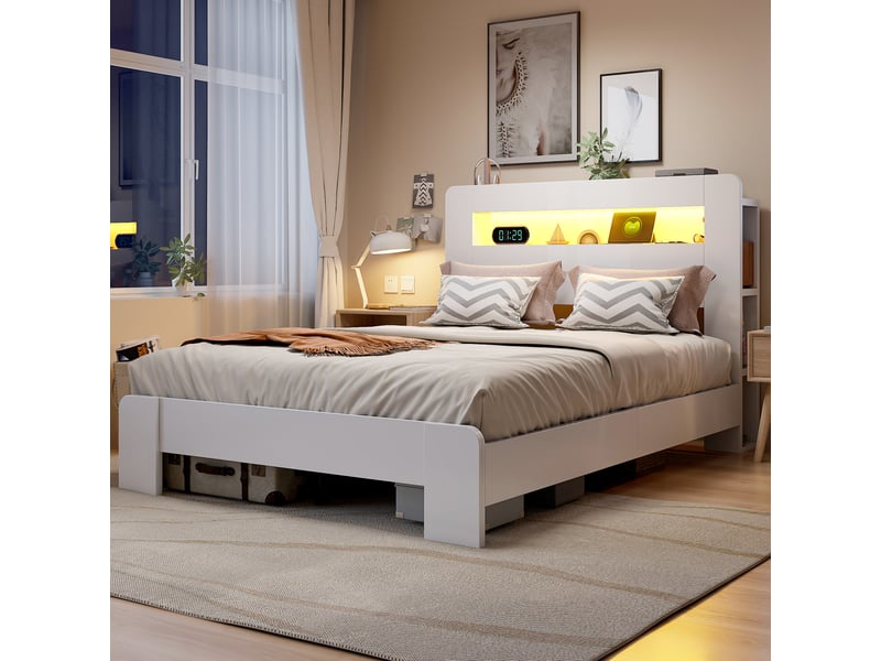  Lit 140 x 200 cm blanc avec rangement tête de lit, led et prises intégrées  - Conforama D