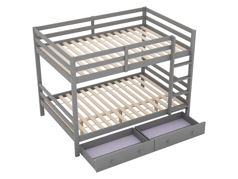  Lit superposé 140x200 en bois massif avec barrières de sécurité, lit enfant avec tiroirs et espace de rangement, lit superposé gris.  - Conforama A