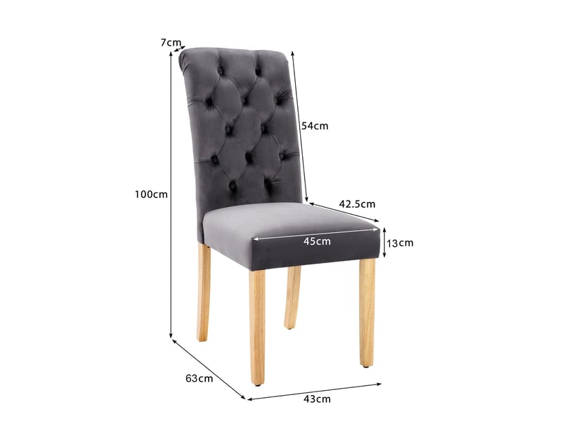  Lot de 4 chaises salle à manger 63x45x100 cm, velours gris, pieds en bois, haut dossier, clous chromés  - Conforama C