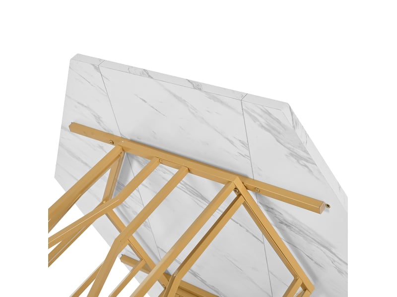  Table moderne hexagonale 115,5x100x75 cm, style simple et épuré, plateau mdf aspect marbre, cadre métallique, teinte blanc et doré  - Conforama E