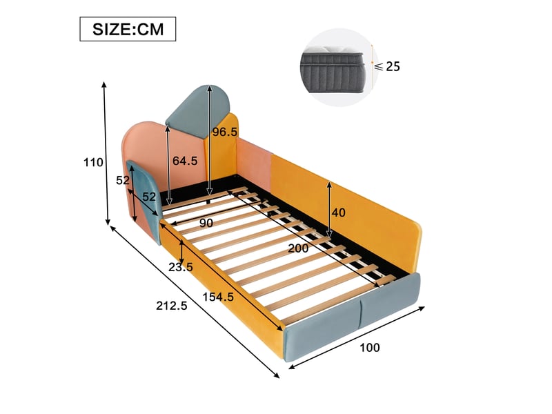  Lit simple 90x200 cm, tête rembourrée, protection latérale surélevée anti-chute, bois, multicolore, sans matelas  - Conforama C