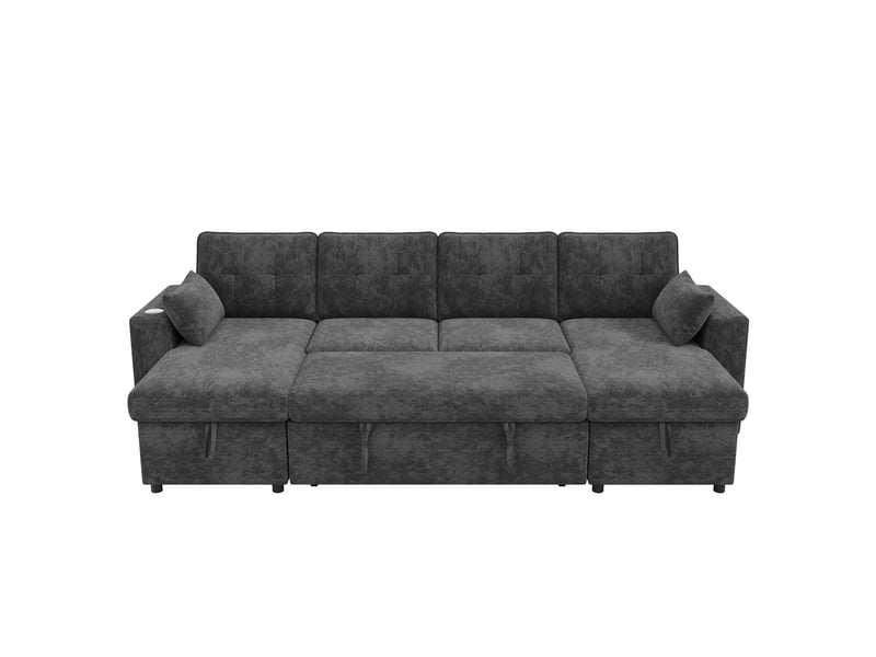 Canapé d'angle convertible en u 4 places 273 x 131 cm avec double méridienne, coffre de rangement, led et usb type-c - chenille gris - Conforama A
