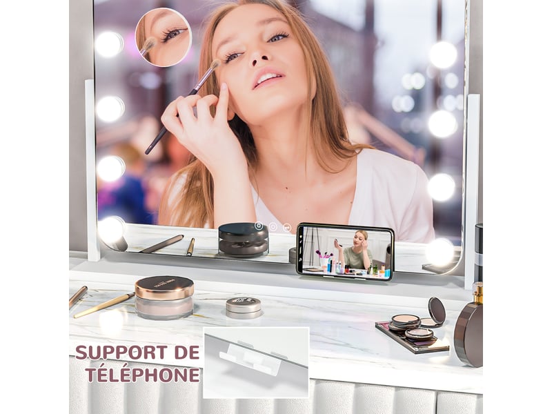  Miroir maquillage lumineux led intensité réglable miroir port grossissant de charge usb, rotation à 360° 63 x 50 cm  - Conforama E