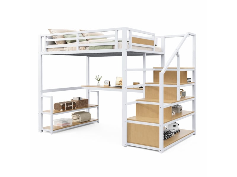 Lit mezzanine métal 140x200 cm avec bureau, étagères et échelle de rangement blanc  - Conforama A