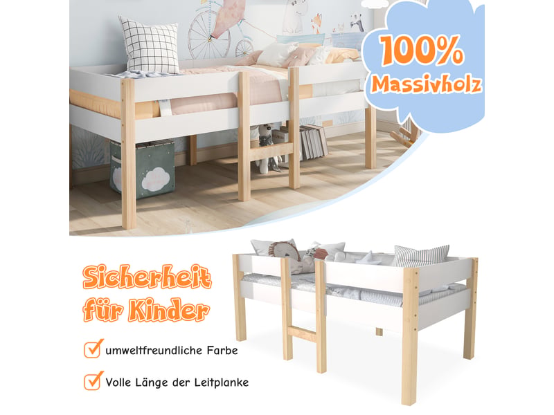  Lit enfant 90 x 190 cm avec protection contre la chute, blanc - chêne, lit mi-hauteur pin massif  - Conforama W