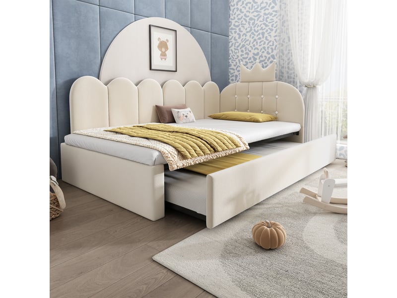 Lit gigogne 90x200 cm - lit 2 personnes avec lit tiroir 90x190 cm - velours - design couronne - beige - Conforama B