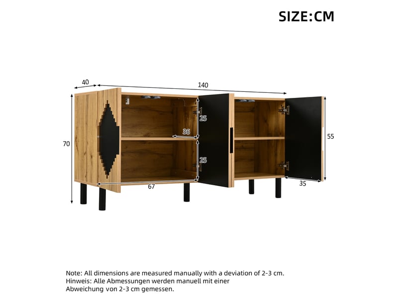  Buffet moderne 140 cm bois et noir avec 4 portes motif losange 3d  - Conforama C