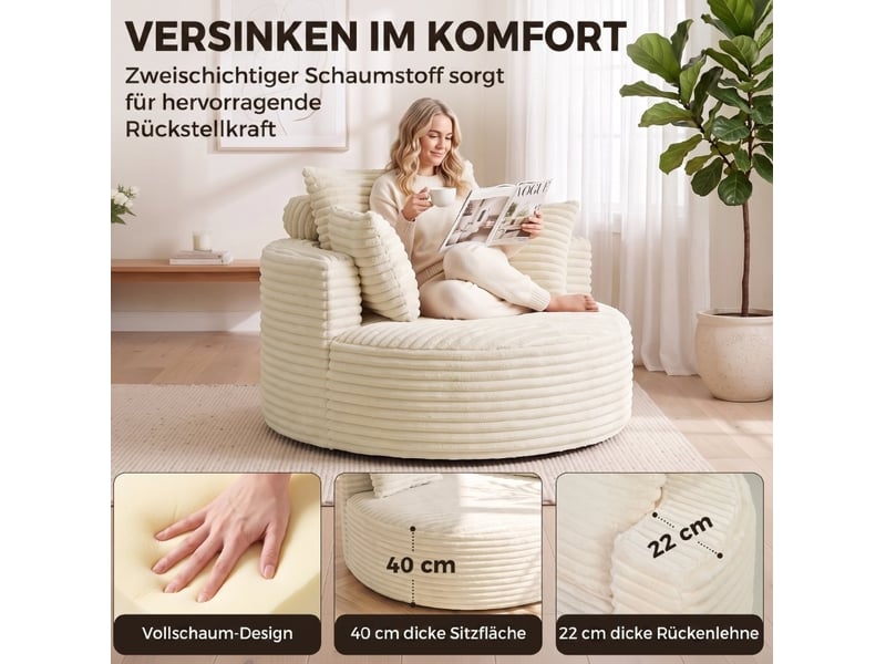  Fauteuil profond 130x130x82 cm sans armature mousse velours côtelé crème  - Conforama E