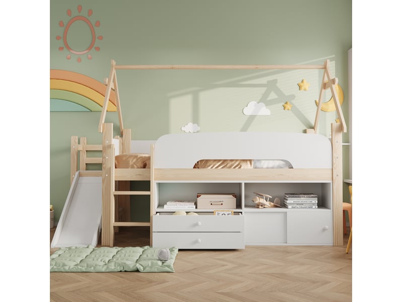  Lit mezzanine enfant 90x200 cm avec toboggan et rangements, bois et mdf  - Conforama D