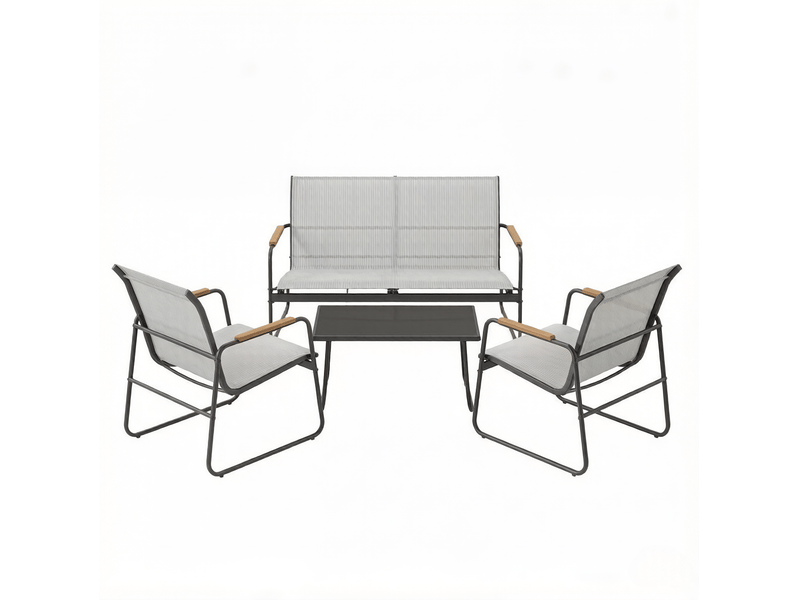 Salon de jardin 4 pièces 111,5 x 76,5 x 75 cm – gris – table en verre trempé et assises respirantes - Conforama A
