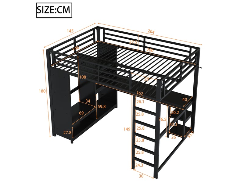  Lit mezzanine gaming 140x200 cm noir, avec bureau, led, rangements, penderie ouverte, structure métal, sommier inclus, sans matelas  - Conforama C