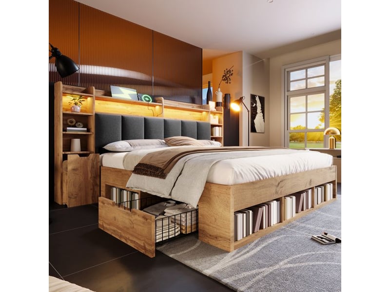 Lit double avec rangement - 160x200 cm - couleur chêne - tête de lit rembourrée avec led - Conforama C