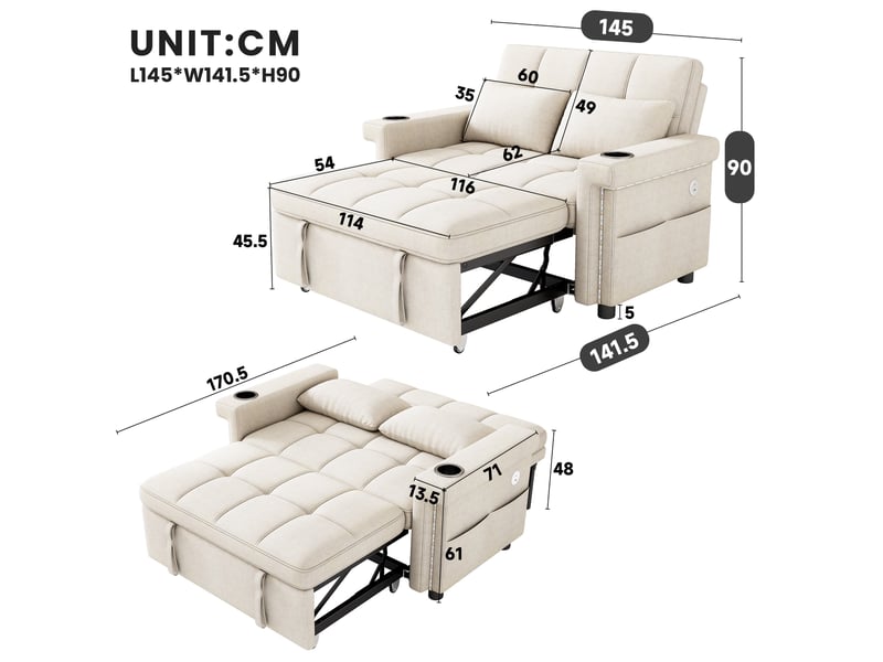 Canapé-lit 2 places convertible beige en chenille avec led, usb-c et dossier réglable - Conforama C