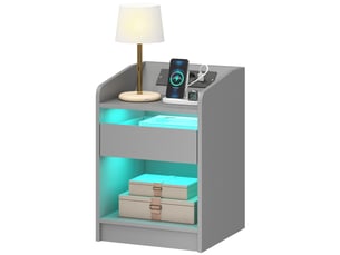 Table de chevet avec station de charge, éclairage led rgb, tiroir, étagère ouverte, ports usb et télécommande, 40 x 40 x 58 cm, grise