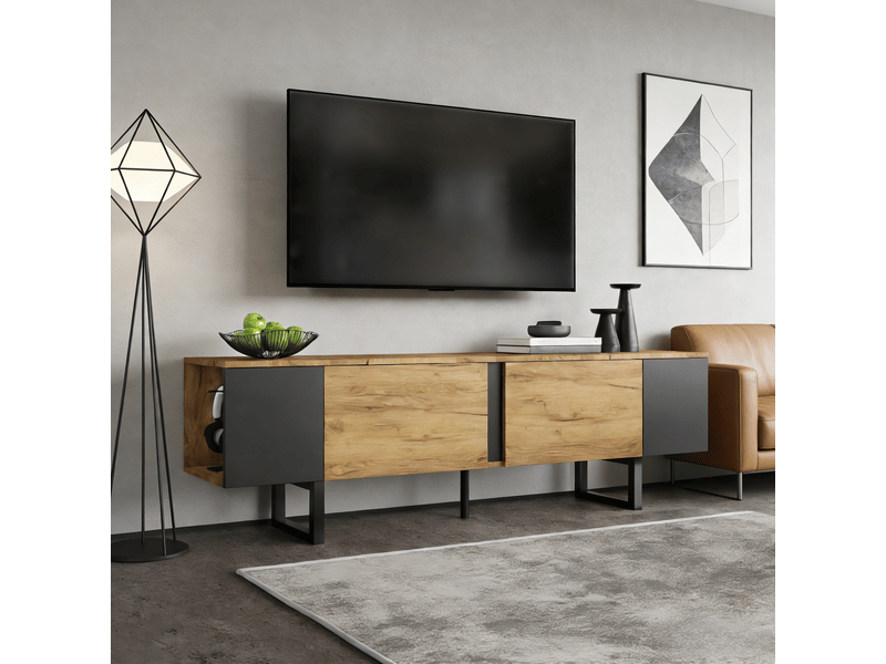  Meuble tv 180x40x55 cm - meuble bas avec 2 placards et rangements ouverts latéraux, pour tv jusqu’à 75 pouces  - Conforama E