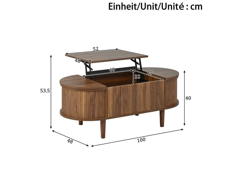  Table basse ovale relevable 100x48 cm avec rangement, coloris noyer  - Conforama C
