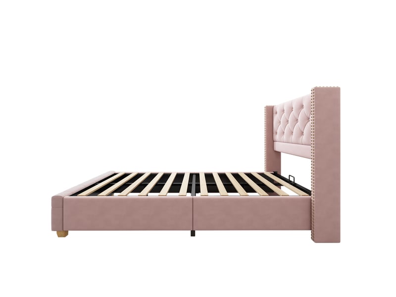  Lit simple rembourré 90x190 cm en velours rose avec tête de lit capitonnée, boutons décoratifs, pieds en bois et sommier à lattes Morn Vibe - Conforama E