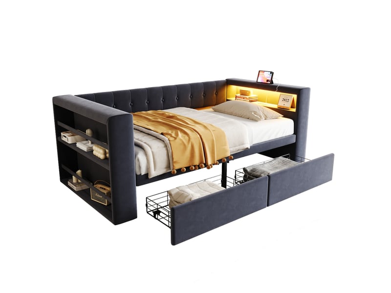 Lit simple 90x190 cm, avec lit enfant, 2 tiroirs, led, prise usb, rangements, flanelle et mdf, gris foncé, sans matelas - Conforama A