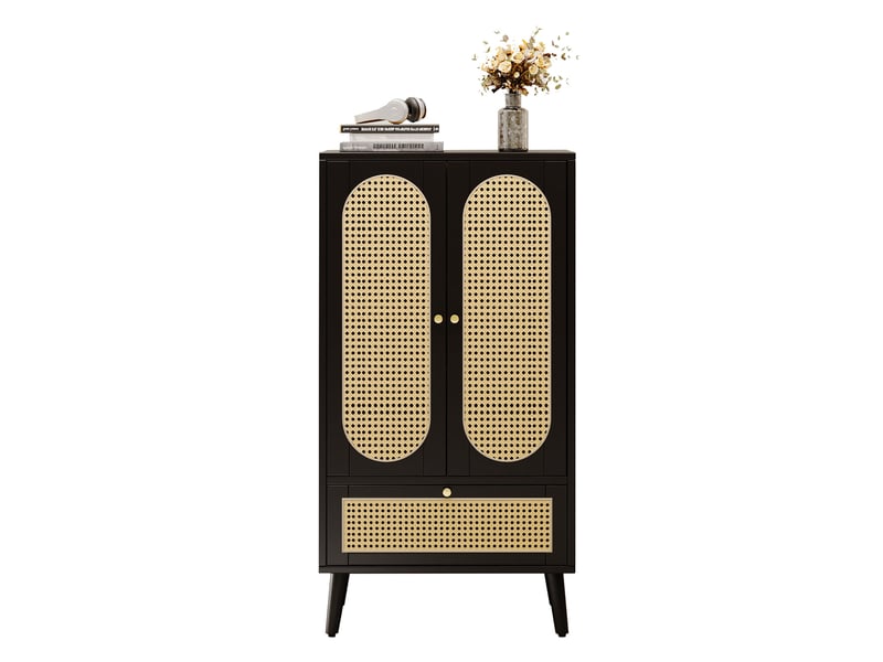  Buffet haut 60 x 40 x 110,5 cm, 2 portes, 1 tiroir, rotin noir, pieds réglables  - Conforama A