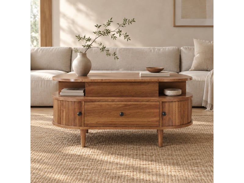  Table basse ovale 105x50x60,5 cm mdf marron avec plateau relevable  - Conforama E