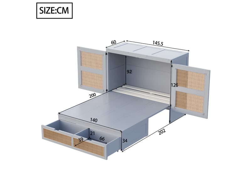  Lit escamotable 140x200 cm, bois gris et bois naturel, doté de 2 tiroirs et de rangement, sans matelas  - Conforama C