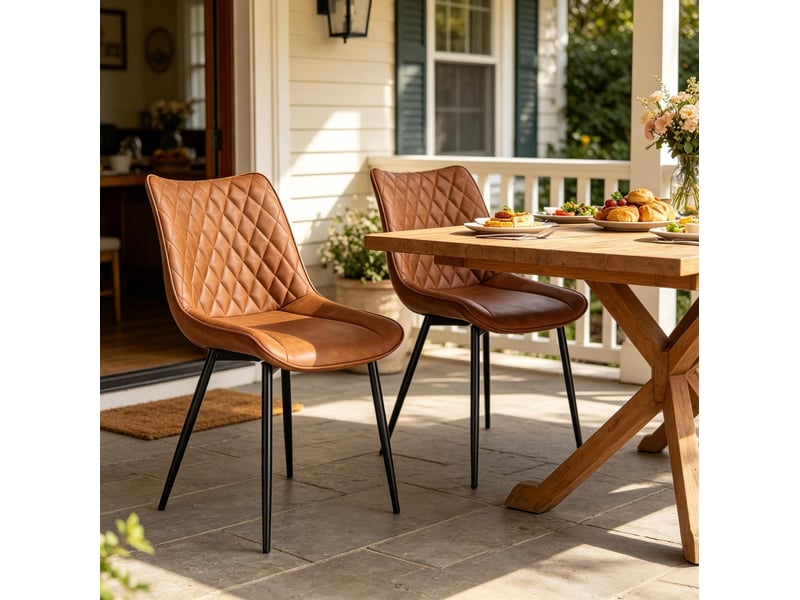 Lot de 2 chaises de salle à manger en similicuir marron clair, pieds métal - Conforama E