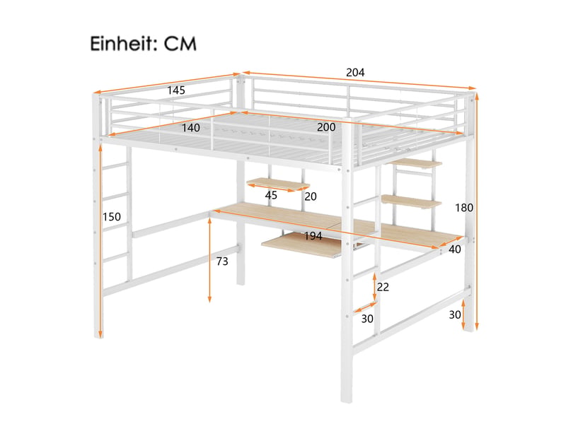  Lit mezzanine blanc 140x200cm avec escalier rangement, bureau, structure robuste, gain de place, durable - fer - pour enfant ado  - Conforama E