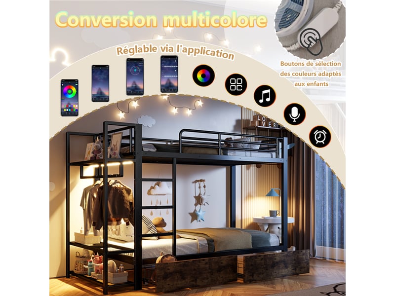  Lit superpose 90x200 cm avec bande lumineuse led et 2 tiroirs, lit enfant avec tringle à vêtements, lit 2 personnes en noir  - Conforama C