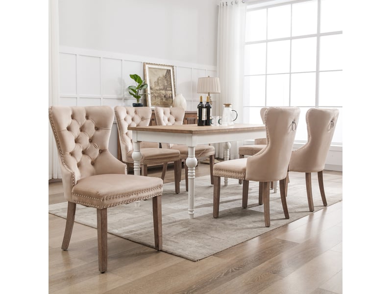  Lot de 6 chaises de salle à manger rembourré avec dossier haut et pieds en métal, velours, couleur beige  - Conforama D