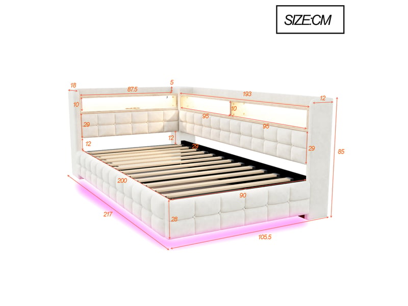  Lit coffre 90x200 cm, clayettes en bois équipées de led et prises, velours, beige, espace de stockage caché  - Conforama C