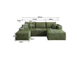 Canapé d'angle l moderne minimaliste en velours côtelé vert, 4 places, 241 cm, assise profonde, sans montage