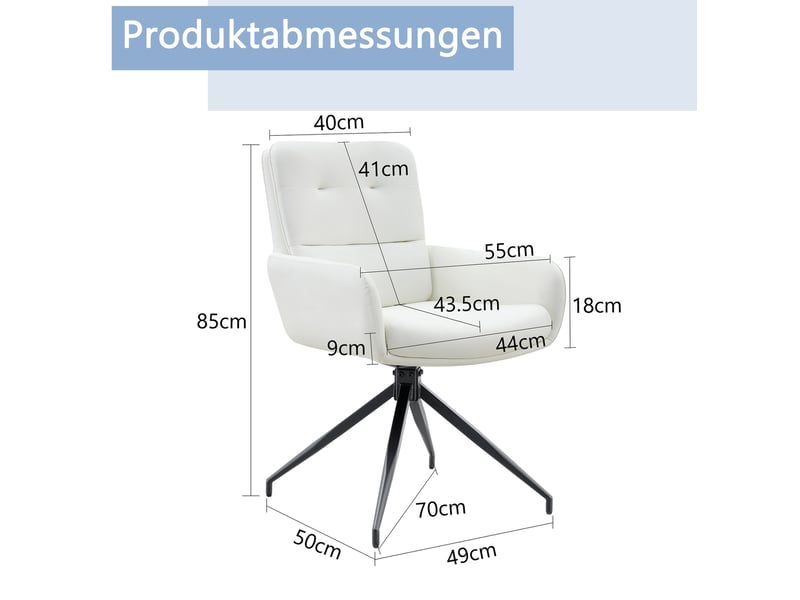  Lot de 2 chaises de salle à manger 49x50x85 cm rotatives 360°, fauteuil de table, pour cuisine, blanc et noir, métal+pu  - Conforama C