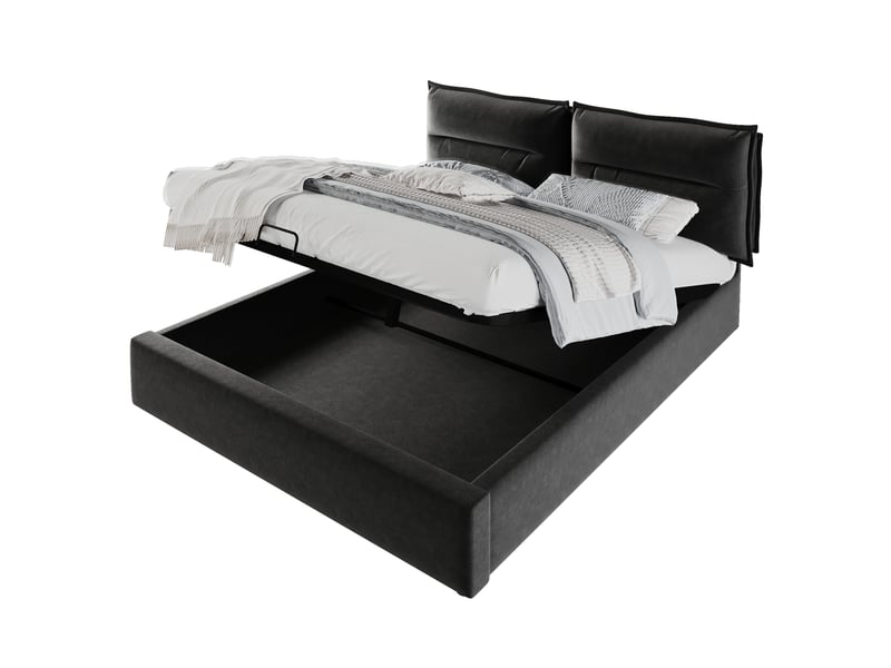  Lit coffre 140x200 cm en velours noir avec tête de lit réglable et sommier relevable  - Conforama A