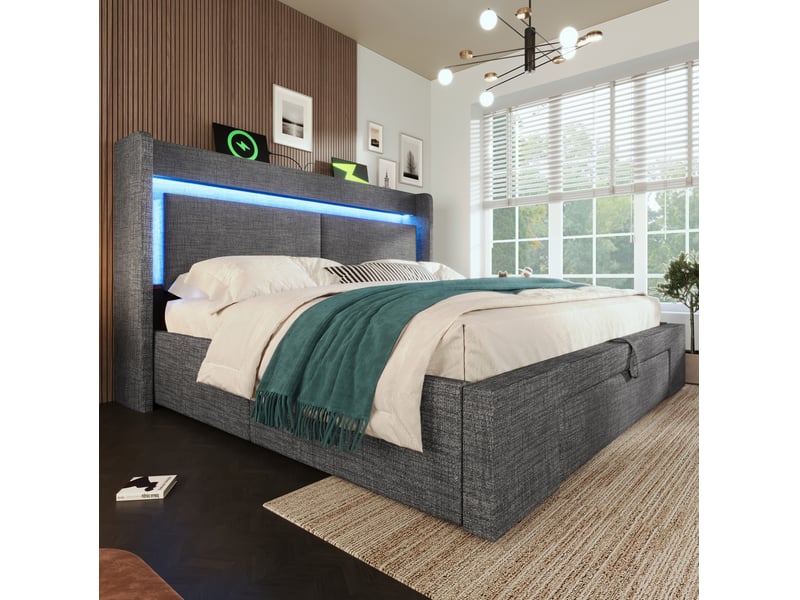  Lit coffre 160x200 cm avec rangement hydraulique, led, usb et usb-c, tête de lit avec rangement, lin, gris, avec matelas  - Conforama C