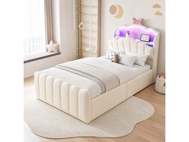  Lit enfant 90 x 200 cm beige en velours avec rangement hydraulique, led et ports usbusb-c  - Conforama B