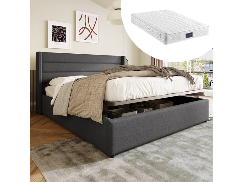 Lit coffre hydraulique 160x200 cm gris cravdom - Conforama B