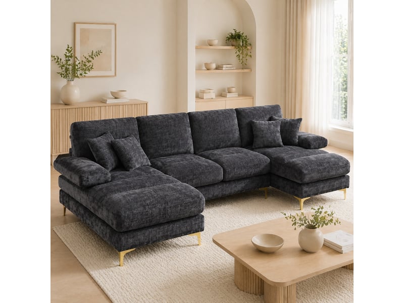  Canapé panoramique u 4 places en chenille gris avec deux méridiennes  - Conforama B