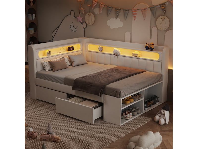 Lit avec rangement 90x200 cm blanc avec led, usb, 2 tiroirs et meuble à chaussures - Conforama D