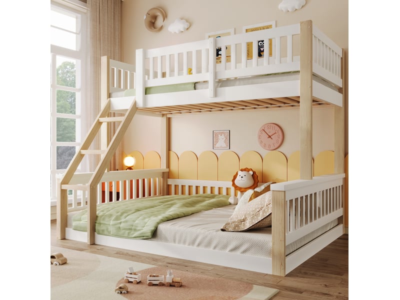 Lit superposé enfant 90x200 et 140x200 cm avec échelle et barrières, blanc naturel  - Conforama B