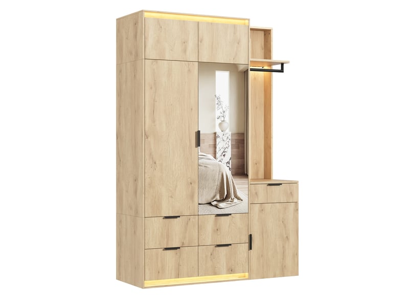  Armoire vestiaire 135x47x200 cm avec led, miroir, 2 barres de penderie et 5 tiroirs, mdf, bois, rangement vêtements  - Conforama A