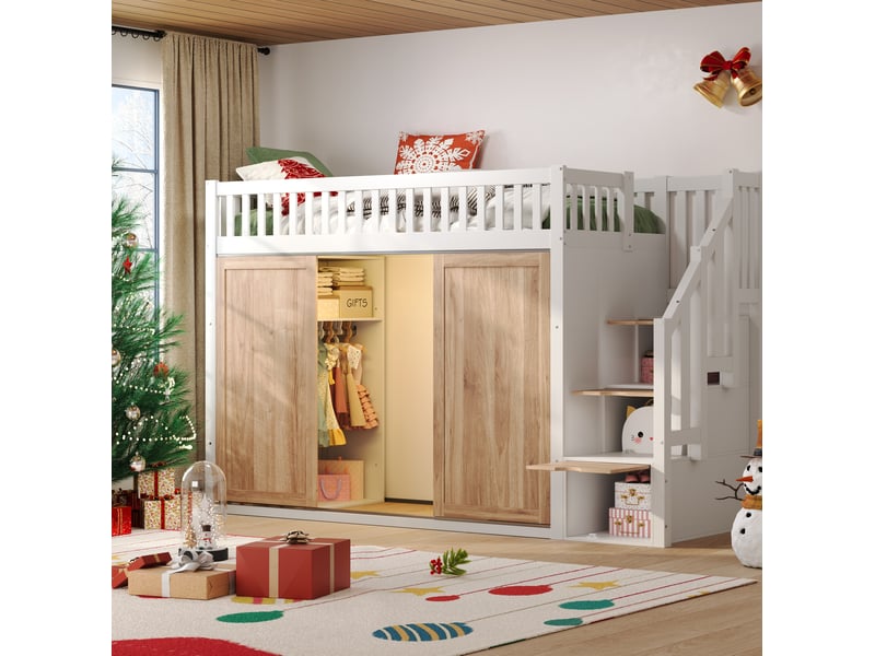  Lit mezzanine enfant 90x200 cm avec armoire et escalier, bois et mdf, blanc et décor chêne sans matelas  - Conforama D