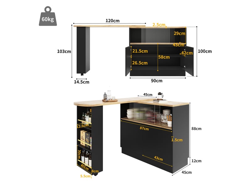  Table de bar pivotante à 360°, 90-120x45x100 cm avec étagère de rangement et porte coulissante en verre, noir  - Conforama C