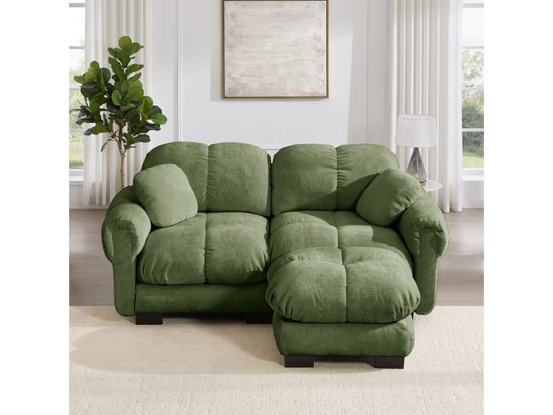  Canapé d'angle 2 places 190 cm canapé modulable en chenille avec 1 pouf mobile, design matelassé, coussins épais, dossier ergonomique, vert Bliss Lite - Conforama B