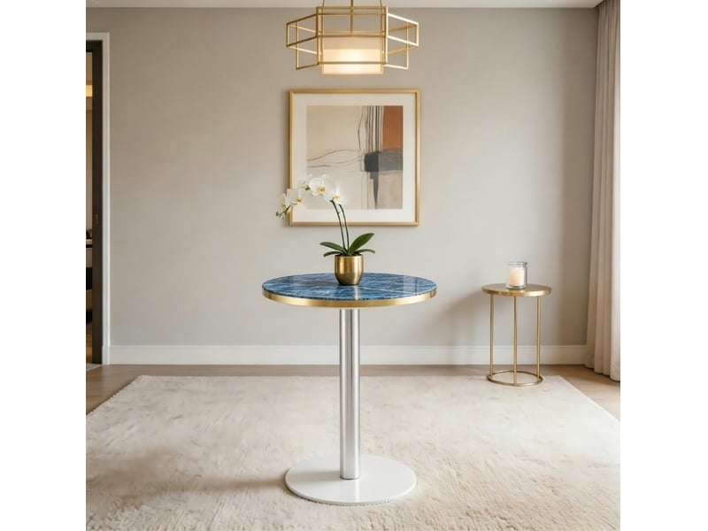 Table de salle à manger ronde avec pied central, effet marbre bleu et liseré doré pour petit balcon, ø 60 × 73,7 cm - Conforama C