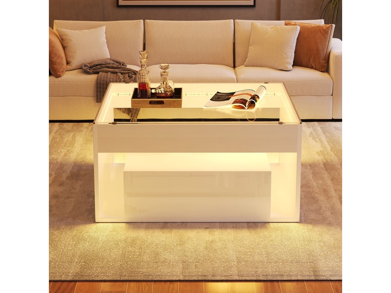  Table basse carrée 70x70 cm avec 2 tiroirs, plateau en verre trempé et éclairage led, mdf blanc brillant  - Conforama D