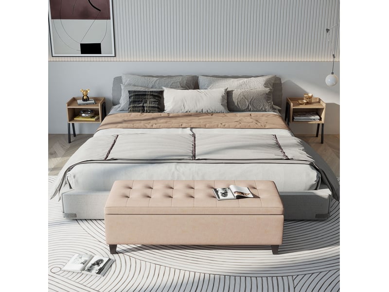  Banc de rangement 125 x 49 x 41,5 cm beige en polyester, assise rembourrée avec couvercle et pieds en bois  - Conforama E