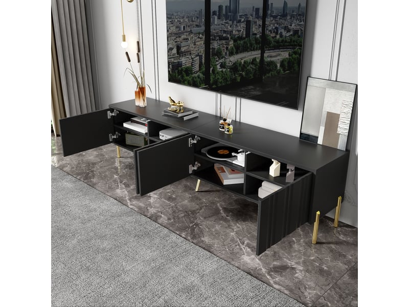  Meuble tv noir 190 x 38 x 48 cm, pieds dorés, portes à rainures verticales, noir  - Conforama E